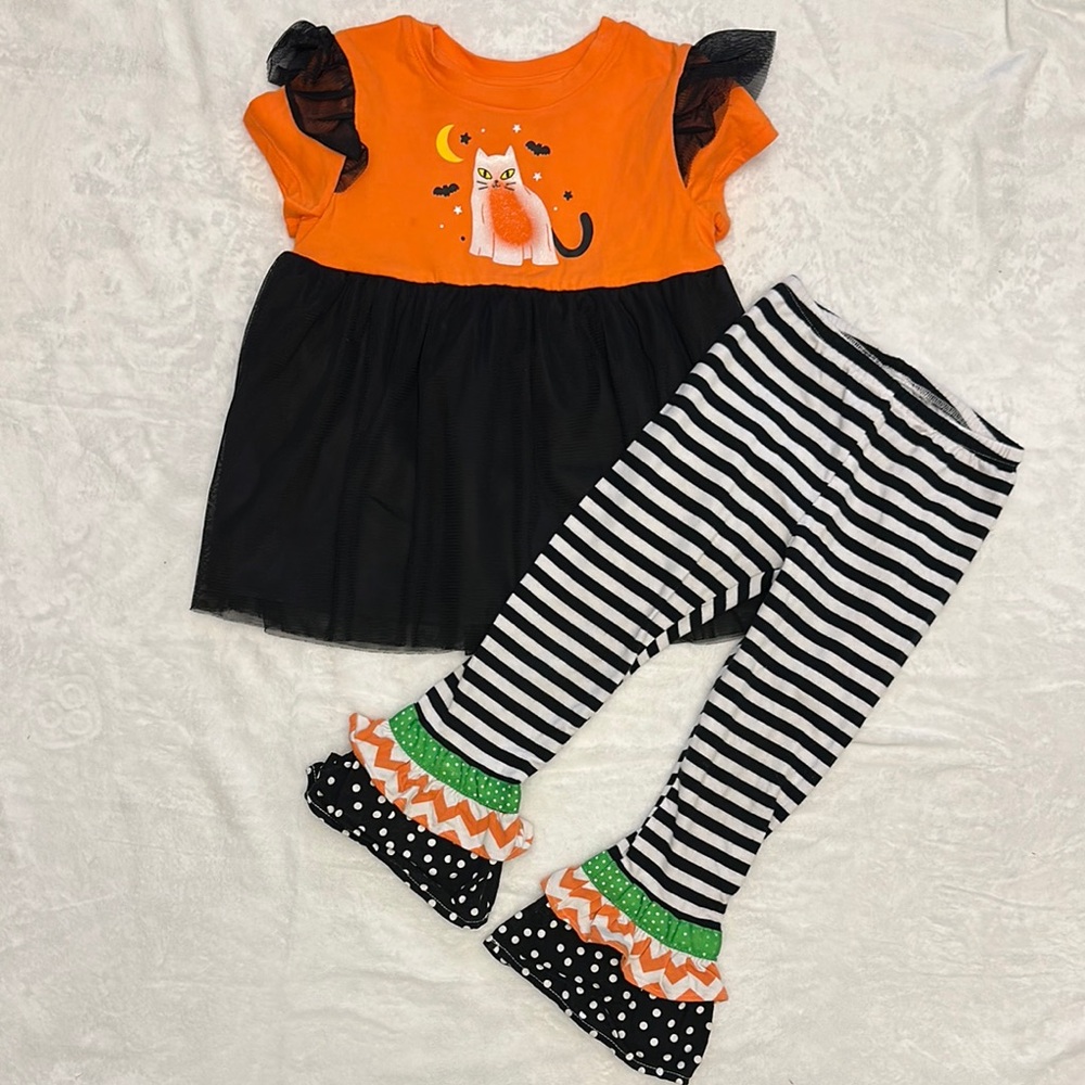 Girls tulle Halloween cat top & stripe ruffle bottom pants size 4t - Picture 1 of 5